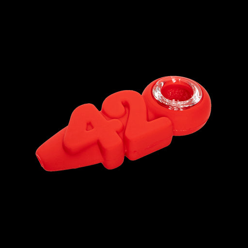 LIT SILICONE 4" RED 420 HAND PIPE W/GLASS BOWL